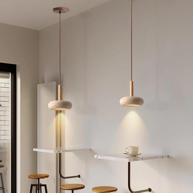Wabi Sabi Pendant Light, 5.9" Yellow Travertine Pendant Light with Round Natural Stone Shade, Nordic Wood Pendant Lamp for Bedroom Bedside Light Living Room Kitchen Island Entryway Hallway