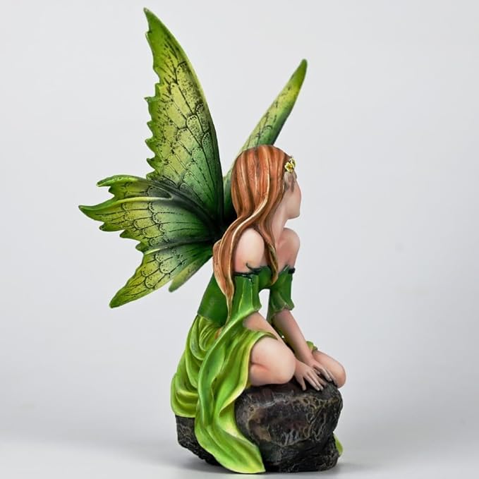 Fantasy Forest Green Fairy Figurine - Gradient Leaf Wings Elf Statue, Hand-Painted Resin Decor for Natural Garden, Desk & Shelf (15.5cm)