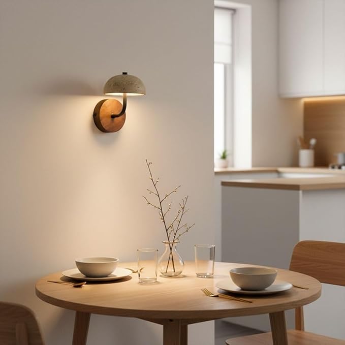 Accent Wall Lamp, Mushroom Travertine Wall Sconce, Yellow Stone Half Dome Light with Wood Base and Iron Arm for Bedroom Living Room Hallway Bedside Entryway Decor Home Art Surface