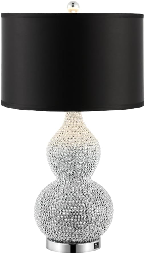 SAFAVIEH Lighting Collection Nicole Modern Silver Bead Base/ Black Shade 25-inch Bedroom Living Room Home Office Desk Nightstand Table Lamp Set of 2 (LED Bulbs Included)