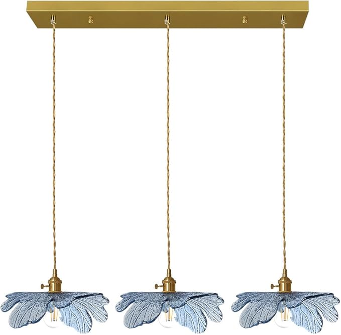 3 Light Pendant Lighting Blue Glass Pendant Light Brushed Brass Pendant Light fixtures Vintage Farmhouse Chandelier Hand Blown Hanging Light for Kitchen Dining Room Bedroom