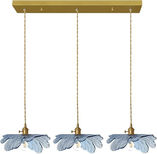 3 Light Pendant Lighting Blue Glass Pendant Light Brushed Brass Pendant Light fixtures Vintage Farmhouse Chandelier Hand Blown Hanging Light for Kitchen Dining Room Bedroom