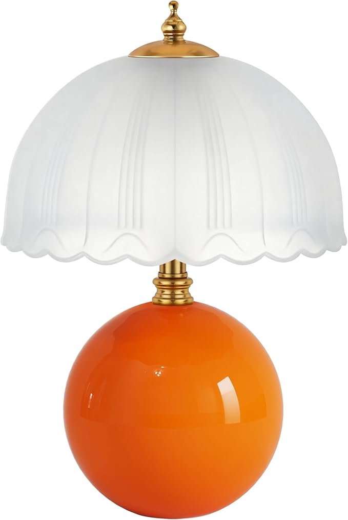 PARTPHONER Mushroom Table Lamp, Ceramic Bedside Lamp with Glass Shade, 3-Way Lighting (2700K-5000K) Rocker Switch, Small Nightstand Lamp for Bedroom, Living Room, Office, Orange