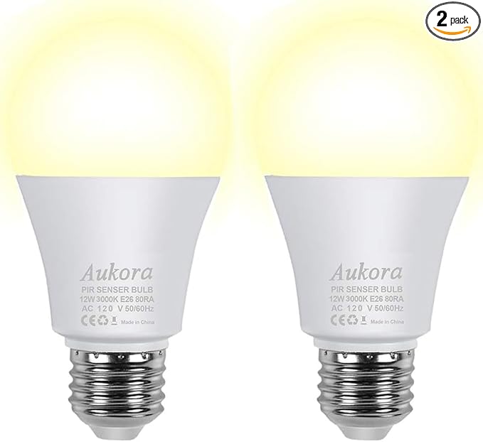 Motion Sensor Light Bulbs, Aukora 12W (100-Watt Equivalent) E26 Motion Activated Dusk to Dawn Security Light Bulb Outdoor/Indoor for Front Door Porch Garage Basement Hallway Closet(Warm White 2 Pack)