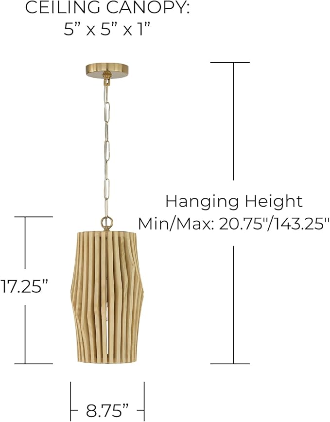 Capital Lighting 344613BWB Archer Modern Artisan-Crafted Mango Wood Mini Pendant Ceiling Light Fixture, 1-Light 100 Watt, 17" H x 9" W, Blonde Wood and Matte Brass