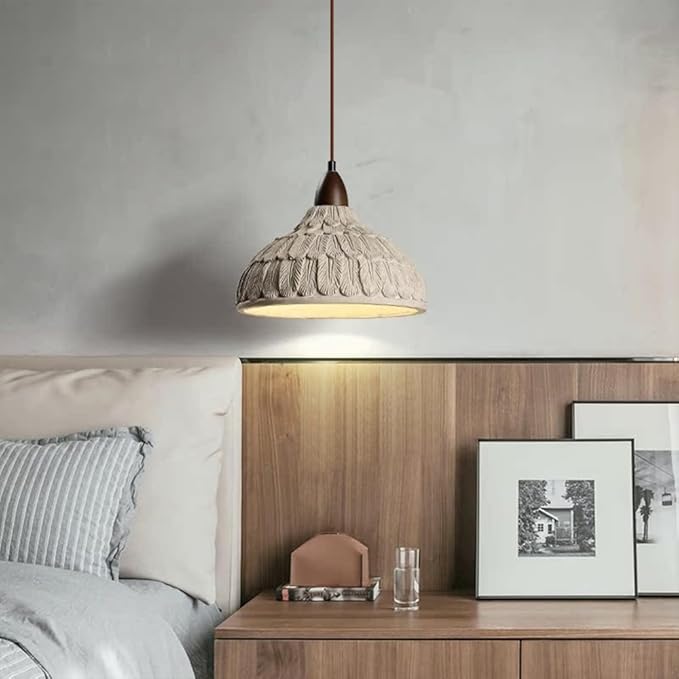 Wabi Sabi Pendant Light, 11" Retro Japanese Style Concrete Pendant Light with Feather Textured Lampshade, Cement Pendant Light Fixtures Ider for Bedroom Living Room Kitchen Island (No Bulb)