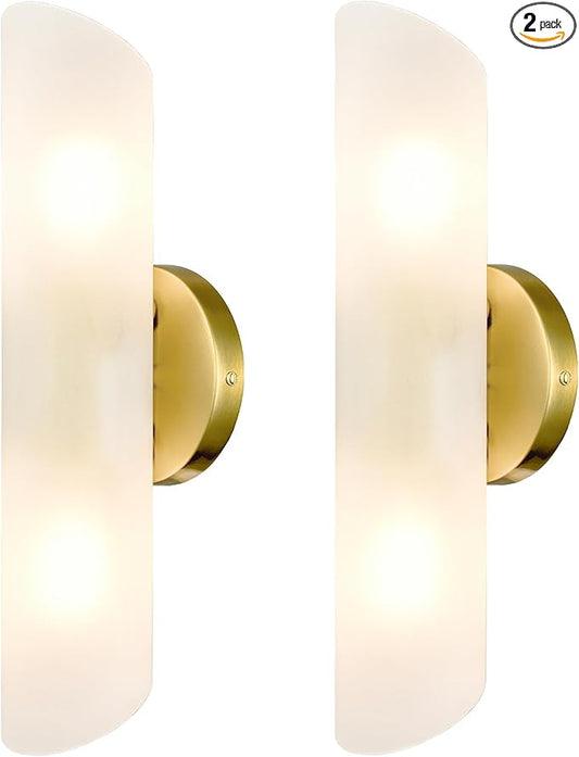 DAYCENT Modern Brass Wall Sconces Set of Two Frosted Glass Wall Light Fixture 2-Light Cylinder Bathroom Vanity Lights Gold Glass Sconces Wall Lighting for Hallway Bedroom Staircase