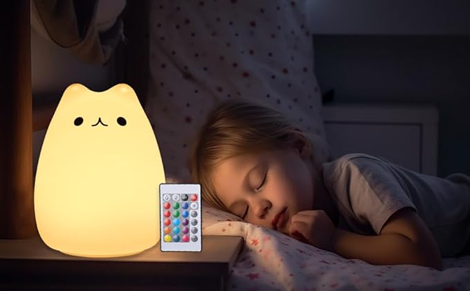 ZKLiLi Night Light for Kids Lamp, 16 Colors Lamp Cute, Dimmable Baby Night Lights for Nursery,Silicone Rechargeable Nightlight for Kids Room, Kawaii Room Decor (renqicat-Remote)