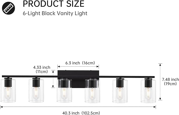 Black Bathroom Vanity Lighting Over Mirror,6 Light Bathroom Vanity Lights with Clear Glass Shade,Metal Vanity Lights for Bathroom,Bedroom,Living Room