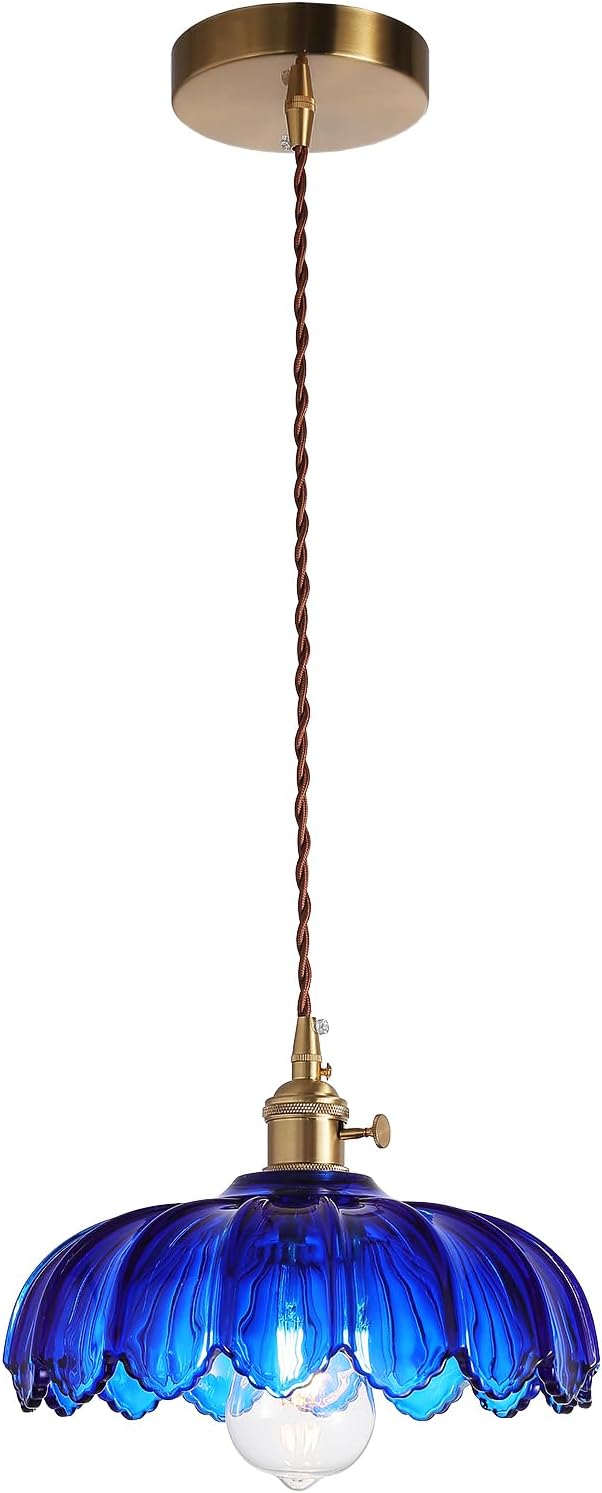 Pendant Lights Kitchen Island:Vintage Blue Pendant Light Fixtures Glass Small Pendant Light Dining Room, Blue Hanging Lamps for Living Room, Schoolhouse, Entryway, Foyer, E26