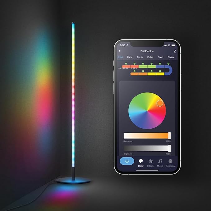Feit Electric 42" Smart Floor Lamp Color Changing, RGBW, WiFi LED Corner Standing Lamp, Music Sync, Works with Alexa and Google Assistant, Modern Black Aluminum Finish, 8 Watts, FLOOR42/RGB/BLK/AG
