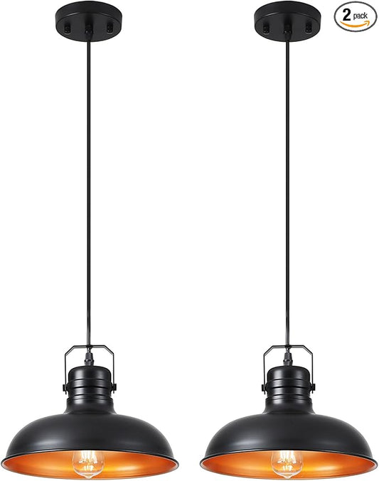 Industrial Pendant Light, 10.5 Inch Farmhouse Small Black and Gold Chandelier, Vintage Hanging Light Fixture with 71'' Height Adjustable Cord for Kitchen Island, Dining Room, Bedroom - 2 Pack