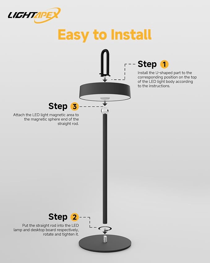 Lightapex Cordless Table Lamps, 2-Pack, Rechargeable Portable Lamps with Stepless Dimming, Touch Control, Detachable Magnetic Design for Bedroom, Living Room, and Reading（Black）