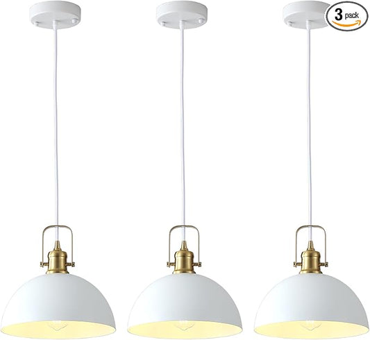 Pendant Lights Kitchen Island 3 Pack, White and Gold Dome Pendant Lighting, Ceiling Hanging Light for Kitchen Living Dining Room Restaurant Hallway Entrance