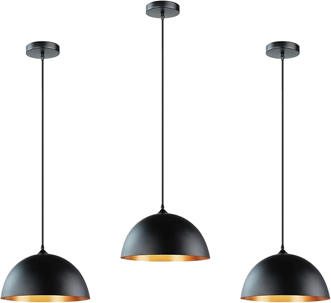 Takor 3 Pack Metal Pendant Light Fixtures, Rustic Ceiling Lights, Industrial Adjustable Hanging Lamp with E26 Base, Farmhouse Pendant Lighting for Kitchen Island, Living Room, Black(Bulb Not Included)