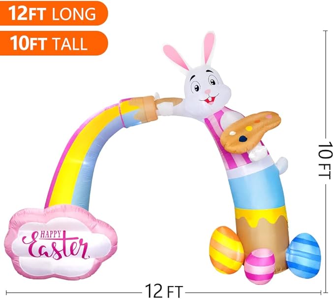 Domkom 12FT Long Huge Easter Inflatable Bunny Archway Outdoor Decorations,Build-in LED Lights Blow Up Yard Decoration, for Easter Yard Lawn Décor