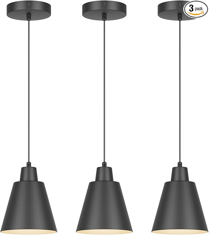 Industrial Pendant Lights, Black Pendant Light Fixtures, Vintage Kitchen Island Light with Black Metal Shade, Farmhouse Pendant Lights for Dinning Table Bedroom Bar - Black, 3 Packs