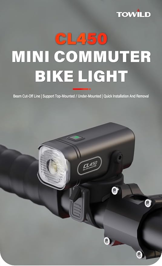 TOWILD CL450 Bike Lights for Night Riding, 450 Lumens, USB-C Rechargeable, Aluminum Alloy, IPX6 Waterproof