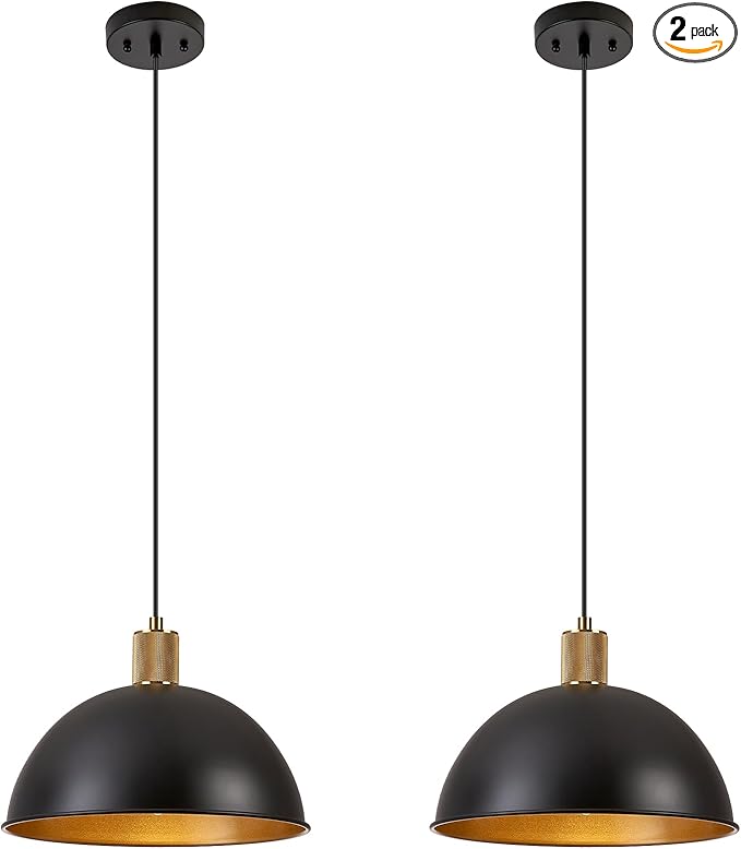 12 Inch Black Dome Pendant Lights 2 Pack for Kitchen Island, Height Adjustable Farmhouse Industrial Hanging Light Fixtures Over Table for Dining Room, Entryway