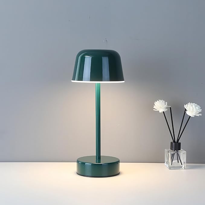 Rechargeable Table Lamp Cordless, Portable Mushroom Table Lamp with USB Port, Tri Color Dimmable Touch Lamps for Bedrooms, Nightstand, Dining Table, Living Room, Dark Green