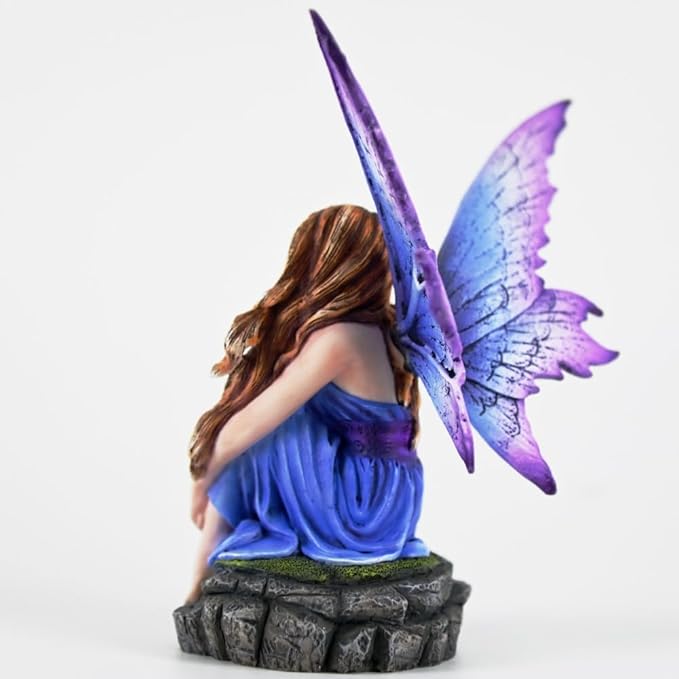 Fantasy Blue-Purple Fairy Figurine, 6.1 Inch Gradient Wings Elf Statue, Hand-Painted Resin Decor with Rock Base for Indoor, Garden, Desk