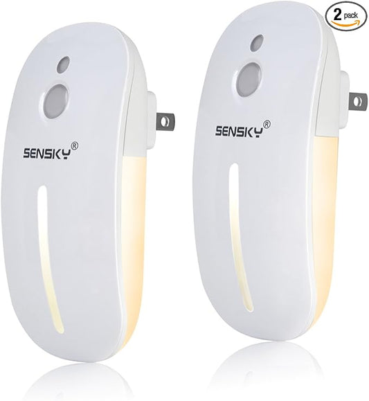 Sensky [2 Pack Plug in Night Light with Auto Dusk to Dawn Sensor, Brightness Adjustable, Dimmable Night Light for Bathroom, Kitchen, Hallway, Stairs, Garages (with Front Light and Back Light)