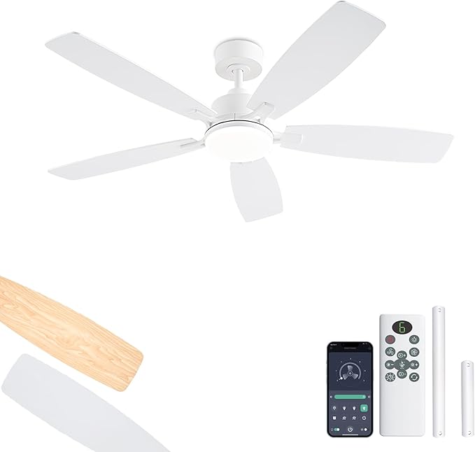 White Ceiling Fans with Lights, 52 Inch Low Profile Ceiling Fan with Light and Remote/App Control, Dual-Sided Blades, Reversible, 3CCT, Dimmable, Modern Ceiling Fan for Indoor/Outdoor Patios