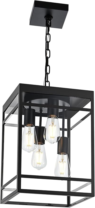 4-Light Outdoor Pendant Lights for Porch, Black Outdoor Chandelier 15.7'' Large Exterior Hanging Porch Light Fixtures with Clear Glass, Waterproof Outside Pendant Lantern for Garage Foyer