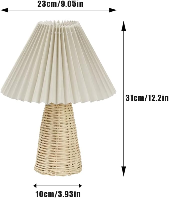 Small Table Lamp, Pleated Table Lamp Bedside Night Lamp with Rattan Base Fabric Pleated Lampshade Vintage Design Soft Warm Light for Bedroom Decor Living Room Reading Office Dorm Coffee Shop