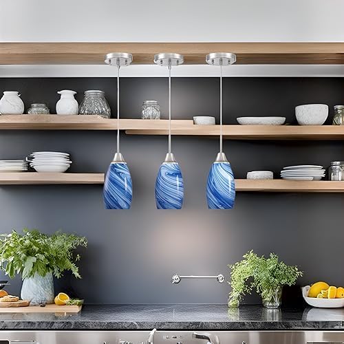 Glass Pendant Light with Handblown Dark Blue Marble Art Glass Shade Ceiling Light 3-Pack Mini Hanging Pendant Light for Kitchen Island,Dining Room,Living,Foyer,Hallway