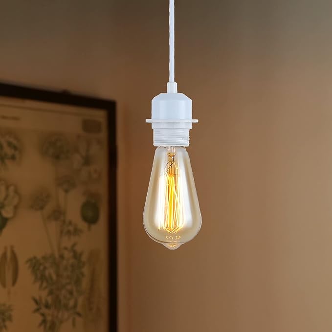 Industrial Mini Pendant Light Kit, E26 Vintage Style White Cord Hanging Light Fixture for Farmhouse Bedroom Home Ceiling Chandelier Decors (White)