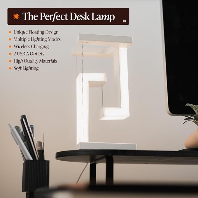 Floating Desk Lamp - Levitating Table Lamp with Wireless Charging and Touch Control Adjustable Lighting Modes - Unique Desk Decor for Office, Bedroom and Living Room - Floating LED Desk Lamp by Tovas