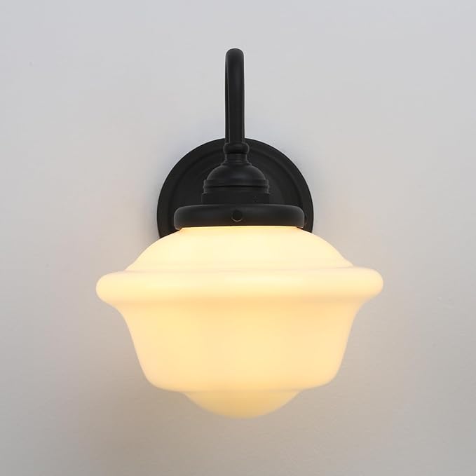 Pathson Vintage Wall Sconce with Milk White Glass, Hardwired Gooseneck Wall Vanity Light Bathroom Sconce Fixture for Living Room, Foyer, Loft, Bedroom, Farmhouse Lamp