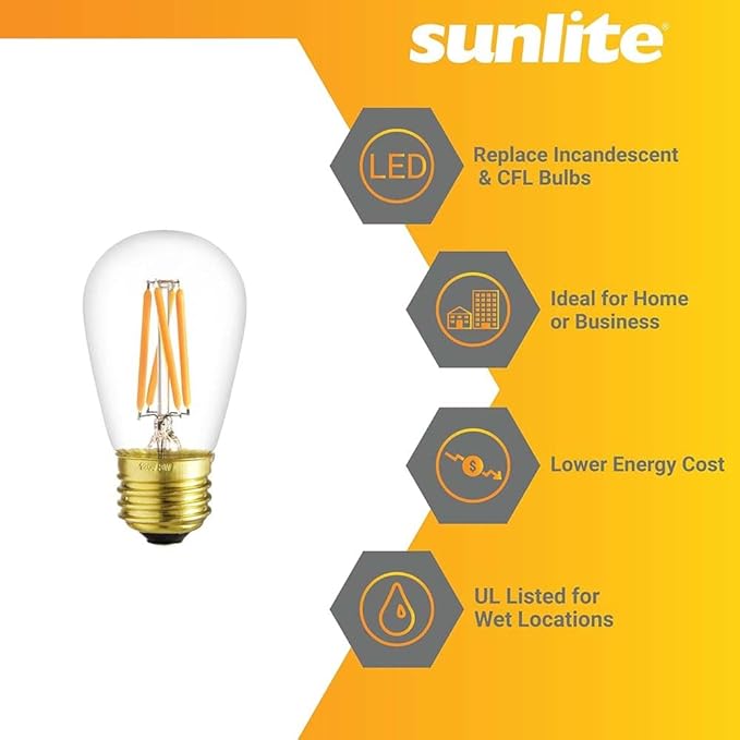 Sunlite 40322 LED S14 Glass Filament Style String Light Bulb, 4 Watts (25W Equivalent), 340 Lumens, Medium Base (E26), Dimmable, UL Listed, High 90 CRI, 2700K Warm White, 6 Count