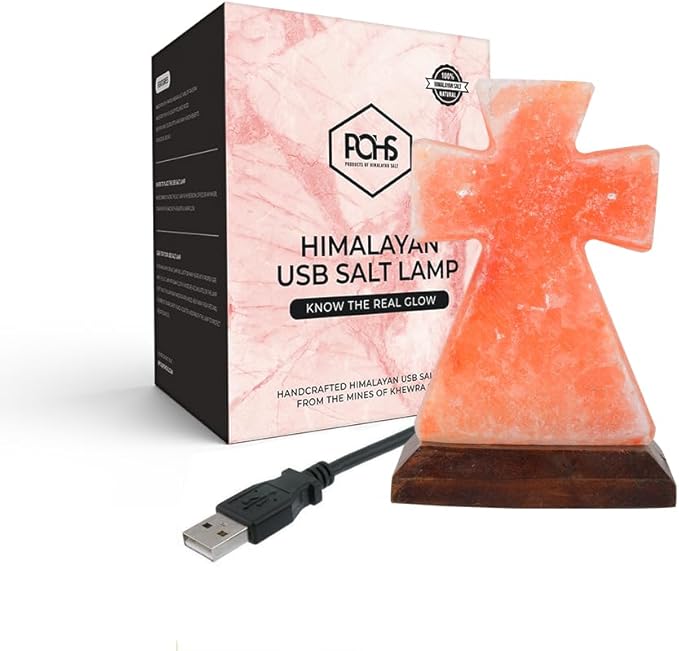 POHS Himalayan USB Mini Salt Lamp, 7 Color Changing LED Bulb, Hand Crafted Crystal Rock Salt Night Light for Home Decor, Desk, and Gift | Premium Quality Wood Base and USB Cable (Cross)