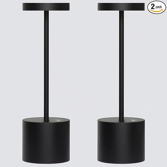 Cordless Table Lamp (2-Pack), Portable LED Rechargeable, 5000mAh Battery, 3 Color & Stepless Dimming, IP54 Waterproof Metal Lamp for Outdoor, Patio, Dining, Home Decor (Matte Black)