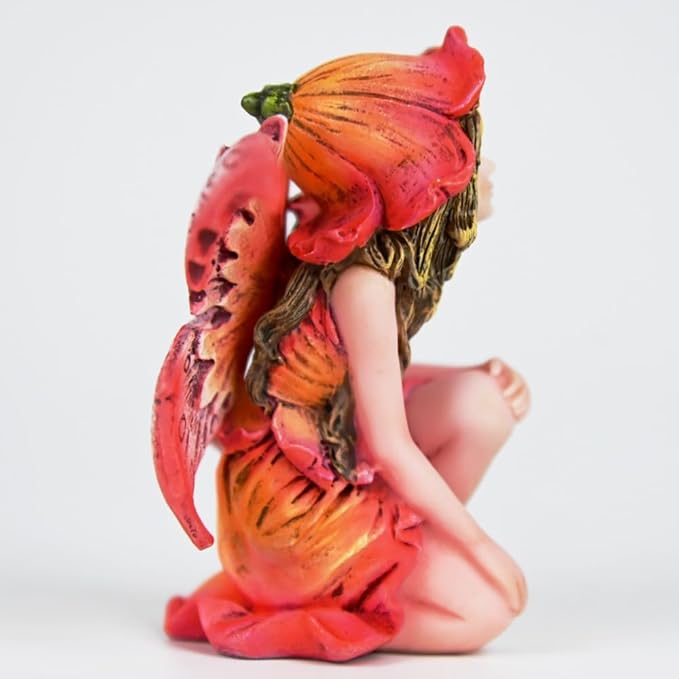 Fantasy Red Autumn Fairy Figurine, 3.15 Inch Flower Hat Elf Statue, Hand-Painted Gradient Resin Decor with Textured Wings for Fall Garden, Desk, Plant Pot