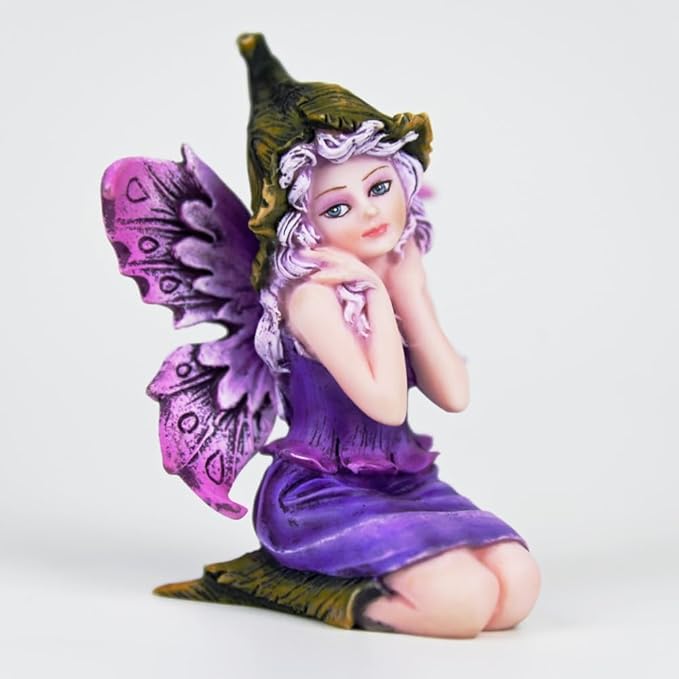 Fantasy Leaf-Hat Daydream Fairy Figurine, 8cm Purple Gradient Wings Elf Statue, Hand-Painted Resin Decor for Desk, Mini Fairy Garden & Shelf