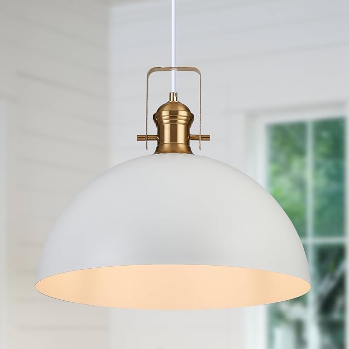 18 Inch Large Pendant Lights for Kitchen Island Matte White Farmhouse Pendant Light fixtures Adjustable Height Dome Hanging Light for Dinning Room Bedroom Hallway,1 Pack