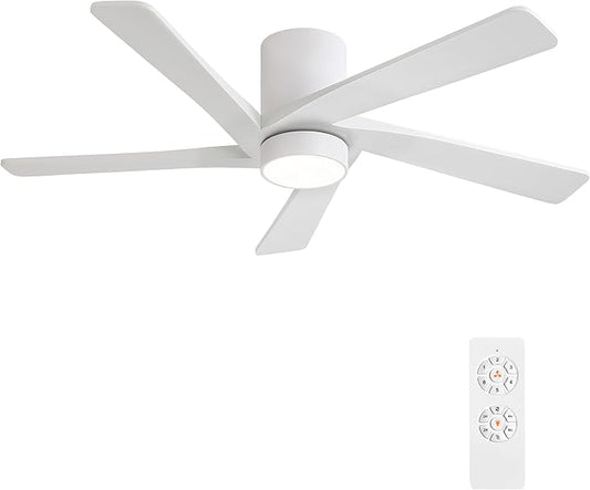 WINGBO 54 Inch Flush Mount DC Ceiling Fan with Lights and Remote, 5 Reversible Carved Wood Blades, 6-Speed Noiseless DC Motor, Hugger Ceiling Fans in White Finish, Low Profile Ceiling Fan, ETL Listed