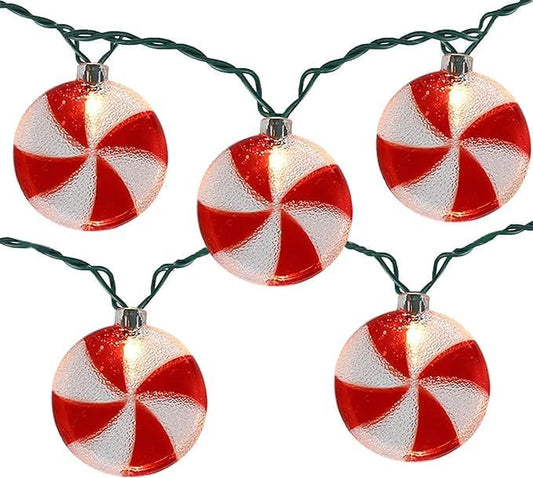 Christmas Candy Lights, 8.5Ft Christmas Decorations String Lights with 10 Red White Peppermint Candy Lights, Hanging Christmas Candy Fairy Lights for Xmas Outdoor Party Birthday Window Bedroom Decor