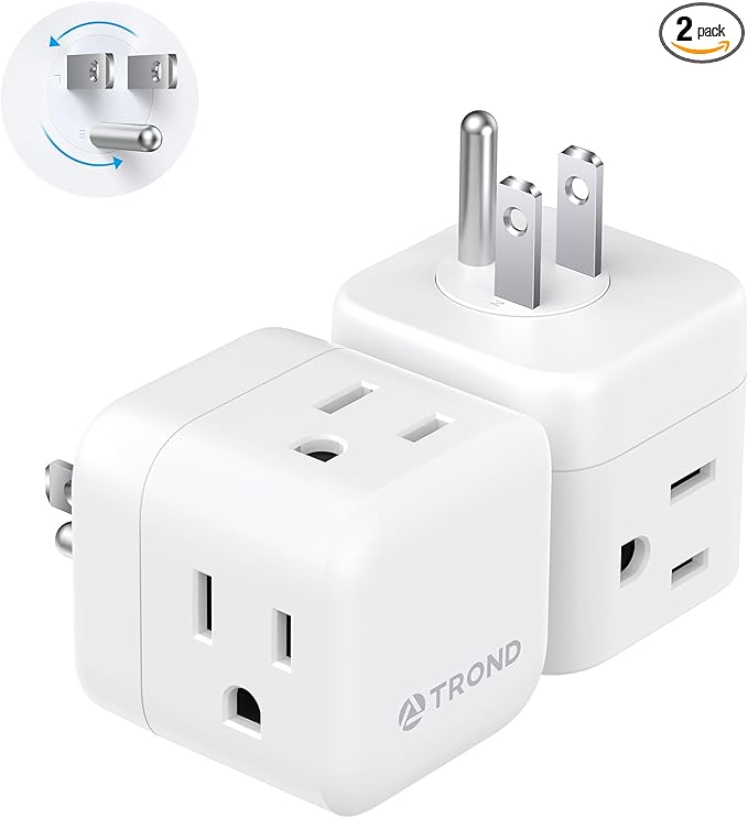 TROND Multi Plug Wall Outlet 2 Pack, 3 Way Outlet Adapter with 360 Rotating Plug, Cruise Ship Essentials, Small Wall Extender for Bathroom, Kitchen, Home, Office, Dorm