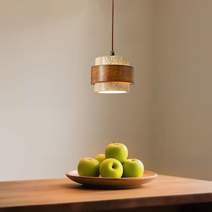 Natural Stone Pendant Light Set of 2, Wabi Sabi Travertine & Wood Hanging Lamp for Kitchen Island, Hallway, Bedroom, Dining Room Ceiling Decor (E26 Bulb, 6.7 in Stone Ring)