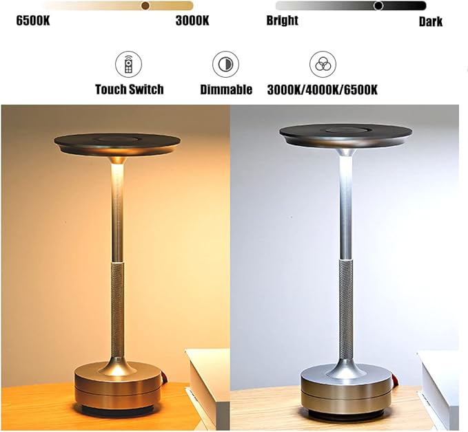 Vintage Aluminum Rechargeable Cordless LED Table Lamp with Dimmable Brightness and 3 Color Temperatures