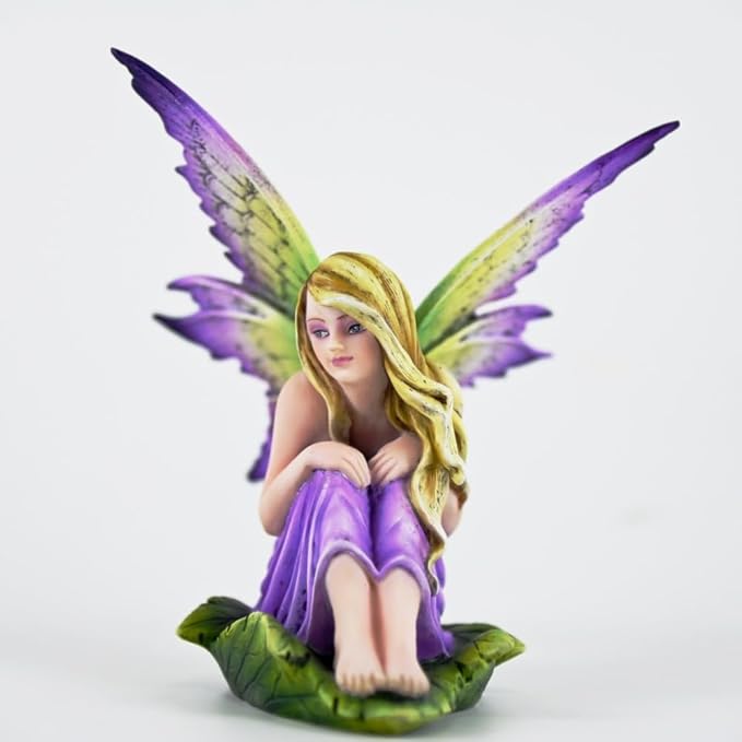 Fantasy Purple-Green Gradient Wings Fairy Figurine, Leaf Base Elf Statue, Hand-Painted Resin Decor for Mini Fairy Garden, Desk & Succulent Display