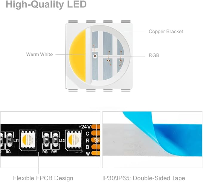BTF-LIGHTING 5050 RGBW RGB+Warm White(2700K-3000K) 4 Colors in 1 LED Tape Light DC24V 5m 16.4ft 60LED/m Multi-Colored IP65 Black 12mm PCB for Bedroom Kitchen Home Decoration(No Adapter or Controller)