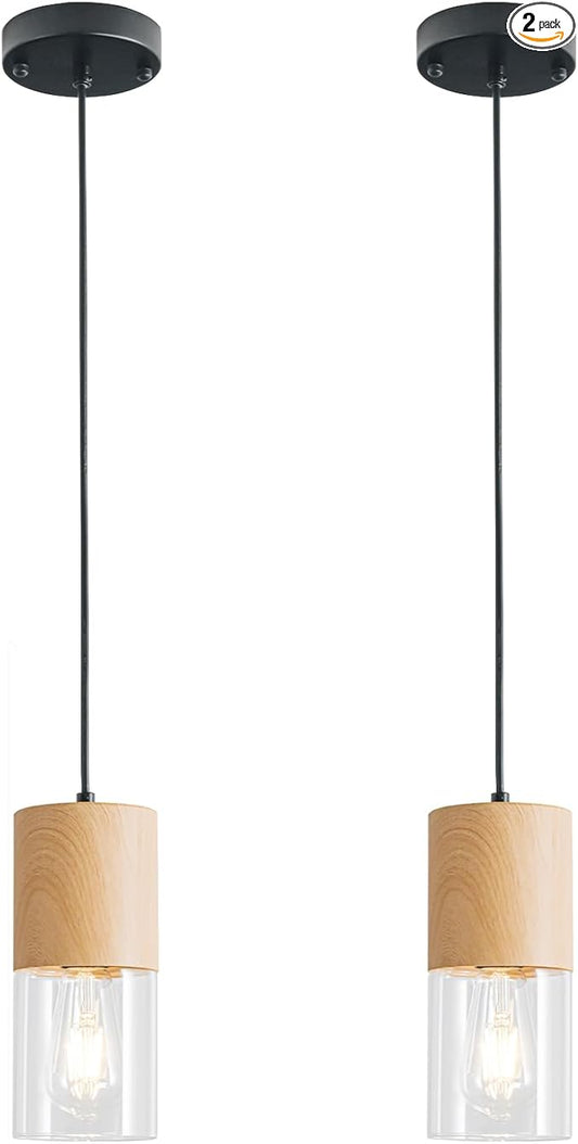 2-Pack Modern Pendant Lights for Kitchen Island, Adjustable Pendant Light Fixtures with Raw Wood Grain, Industrial Clear Glass Pendant Lights for Dining Table Hallway Bedroom Living Room