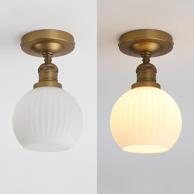 Industrial Globe Semi Flush Mount Pendant Ceiling Light with White Glass Lampshade, Vintage Close to Ceiling Light Fixture for Porch, Hallway, Entryway, Kitchen, Bedroom, Hotel