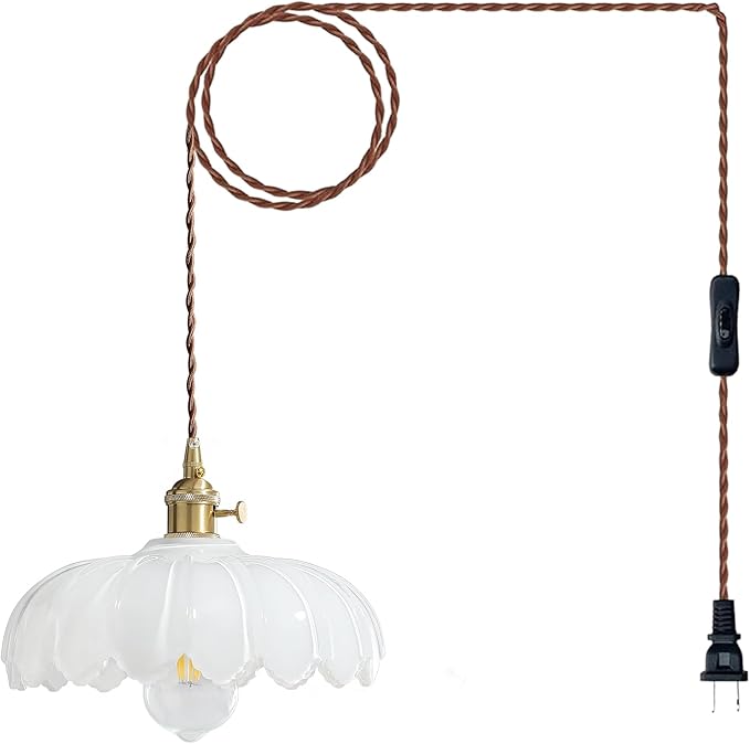 Plug in Pendant Light: Milk Glass Hanging Light Plug in Hanging Lamp, White Pendant Lighting for Kitchen Island, Bedroom, Dining Room, Living Room, E26 No Bulb