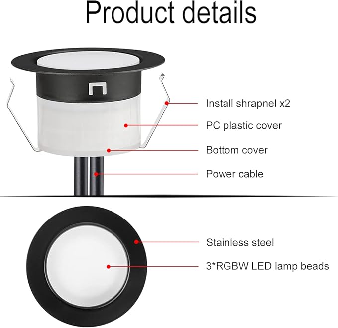 FVTLED Low Voltage Recessed RGBW Deck Light, 10pcs Φ1.22 RGB & Warm White Stainless Steel Waterproof Outdoor Step Lighting In-ground Landscape Pathway Patio Stair Decor Lamp, Black